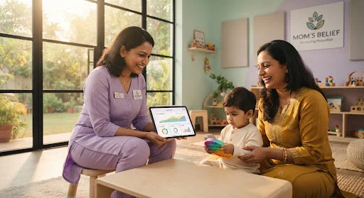 A dedicated female clinical psychologist at Mom's Belief interacting with a smiling Indian mother and toddler during a developmental session, showing progress tracking on a tablet. Warm sunlight streaming through large studio windows, clean modern clinical setting, soft mint and lavender accents.