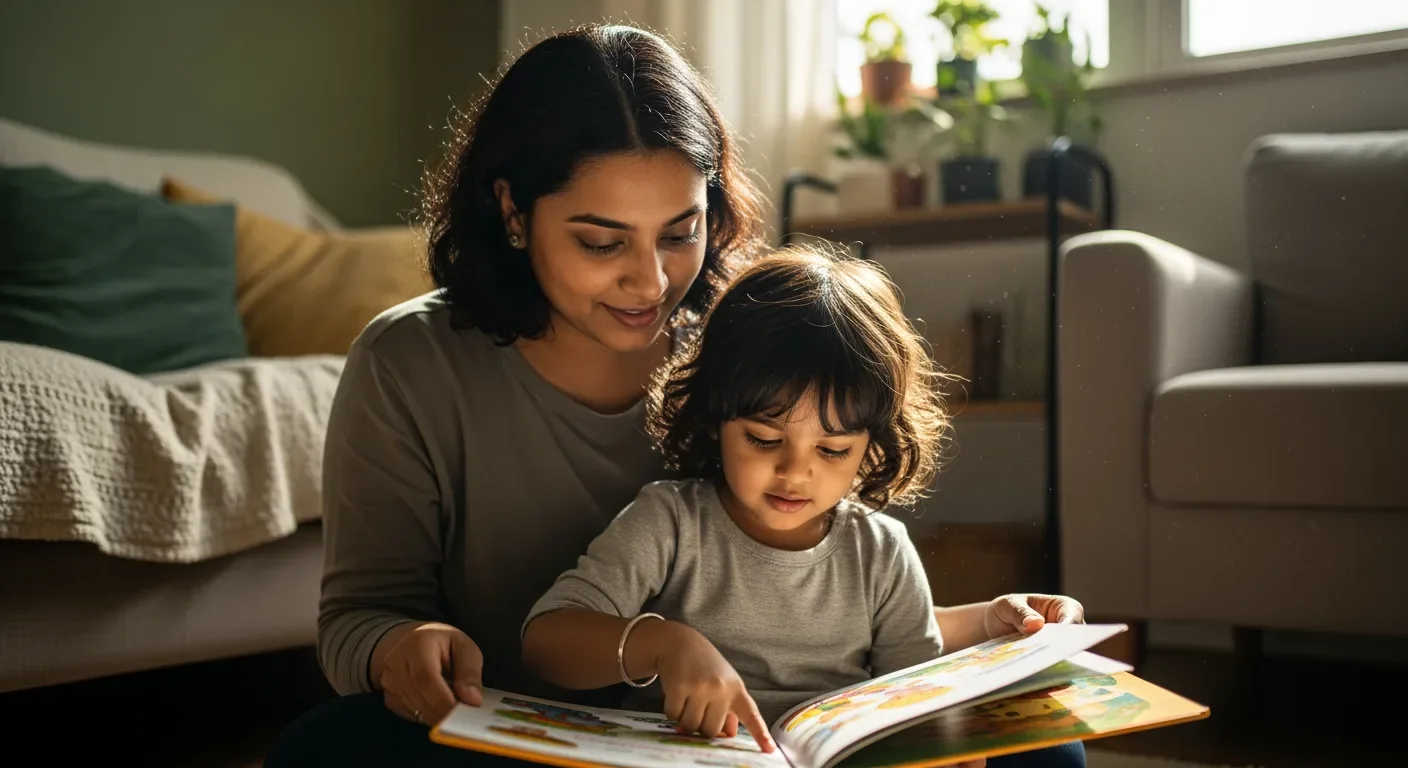 Parent and child reading together at home