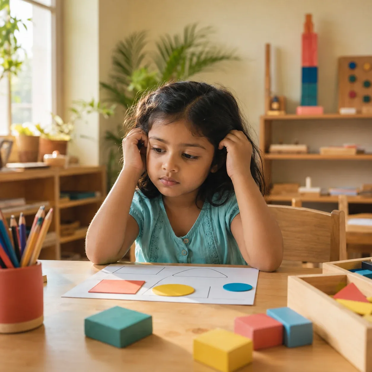 A child finding it difficult to focus at a classroom desk