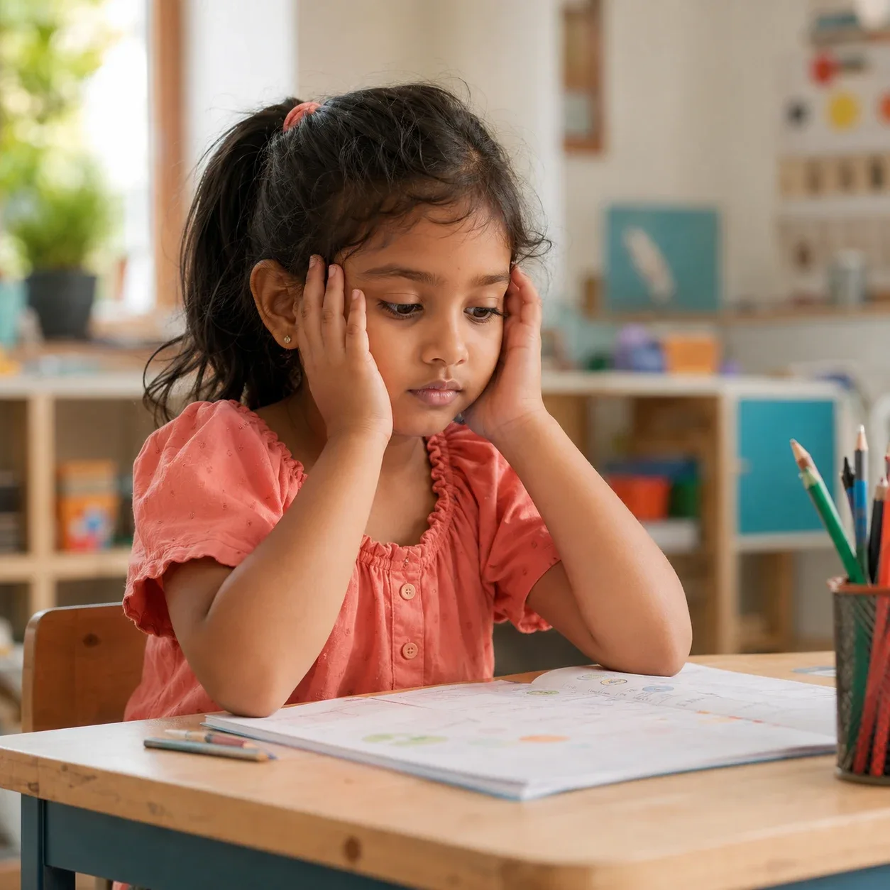 A child sitting at a classroom desk with her hands against her head