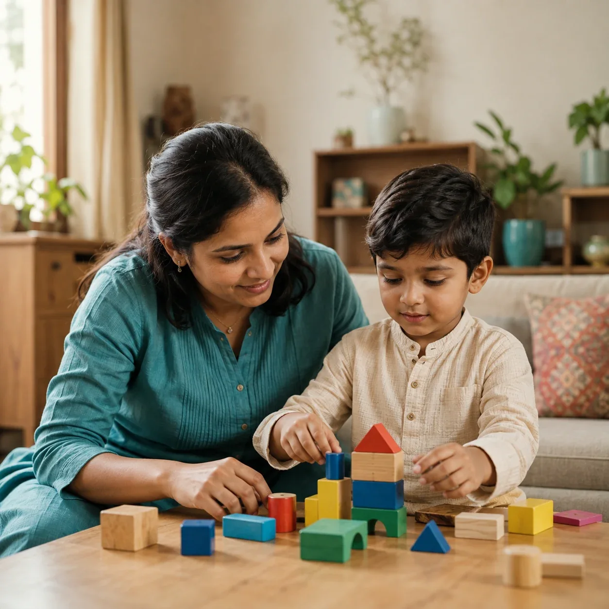 A parent staying close while her child plays quietly with blocks
