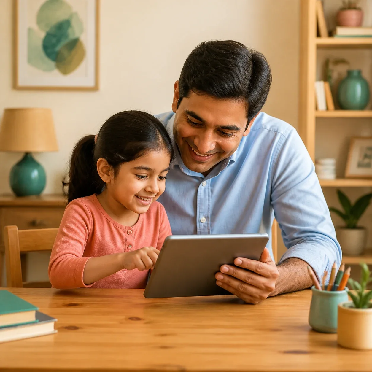 A parent and child smiling together while following an activity
