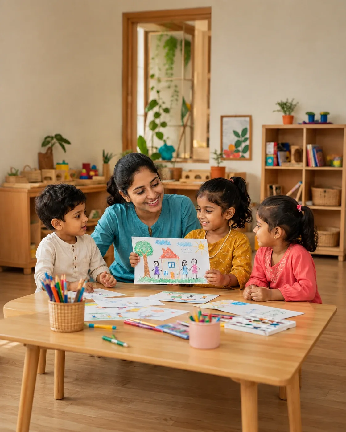 A teacher and children interacting during a group art activity
