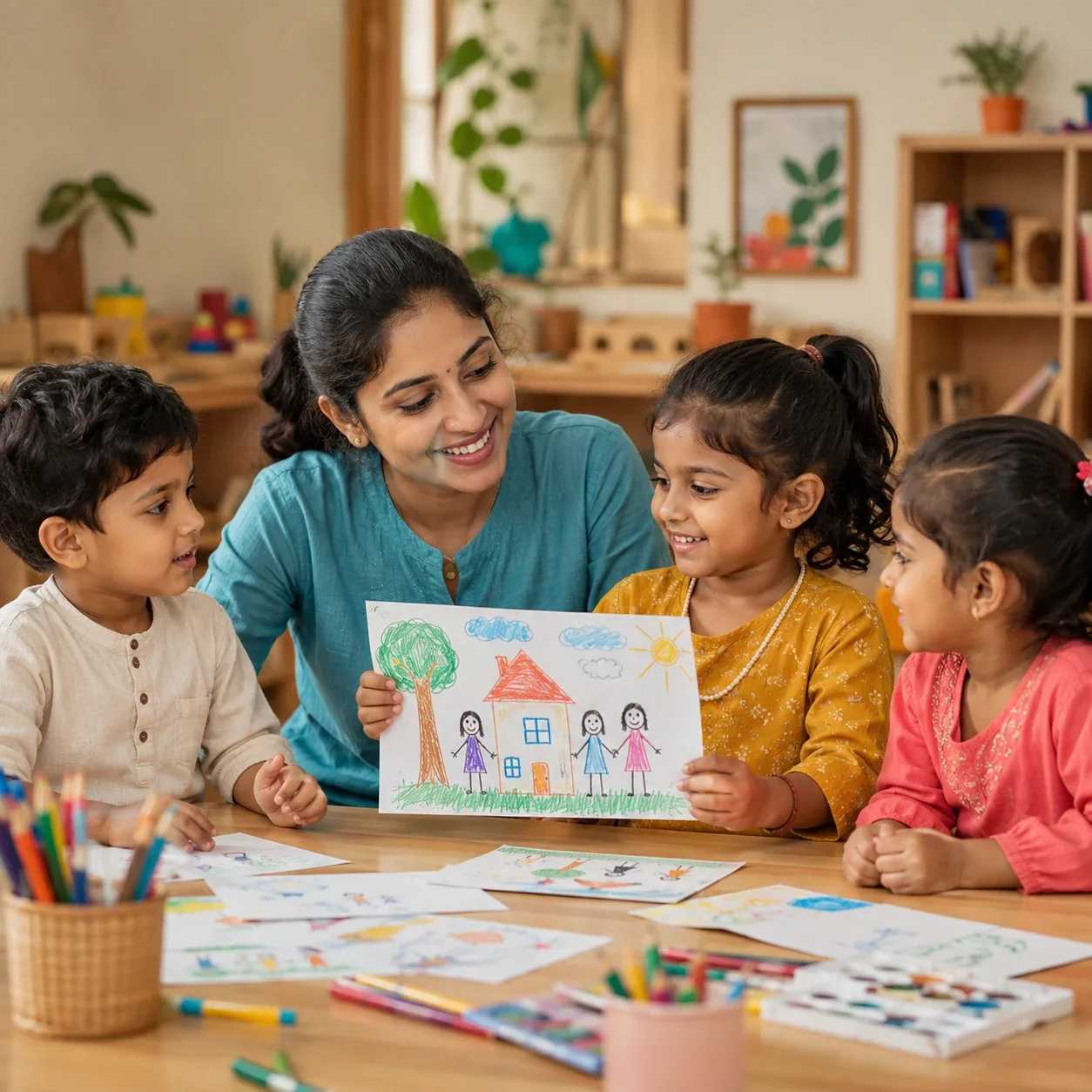 A teacher and children interacting during a group art activity
