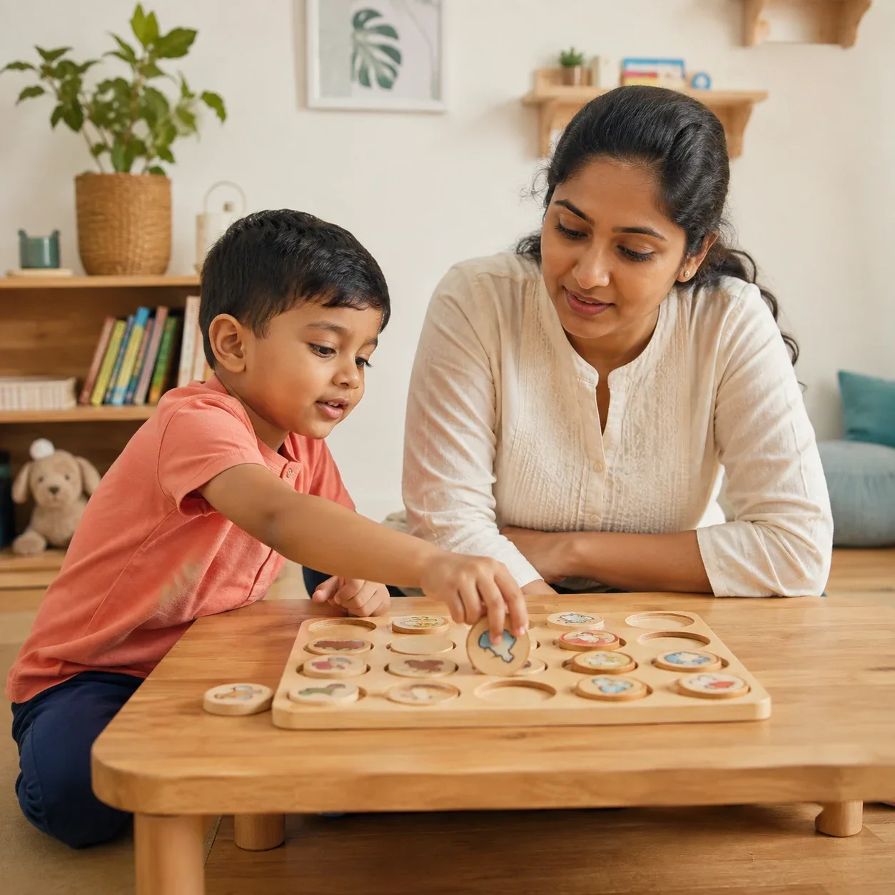 A child reaching across a table while an adult sits nearby