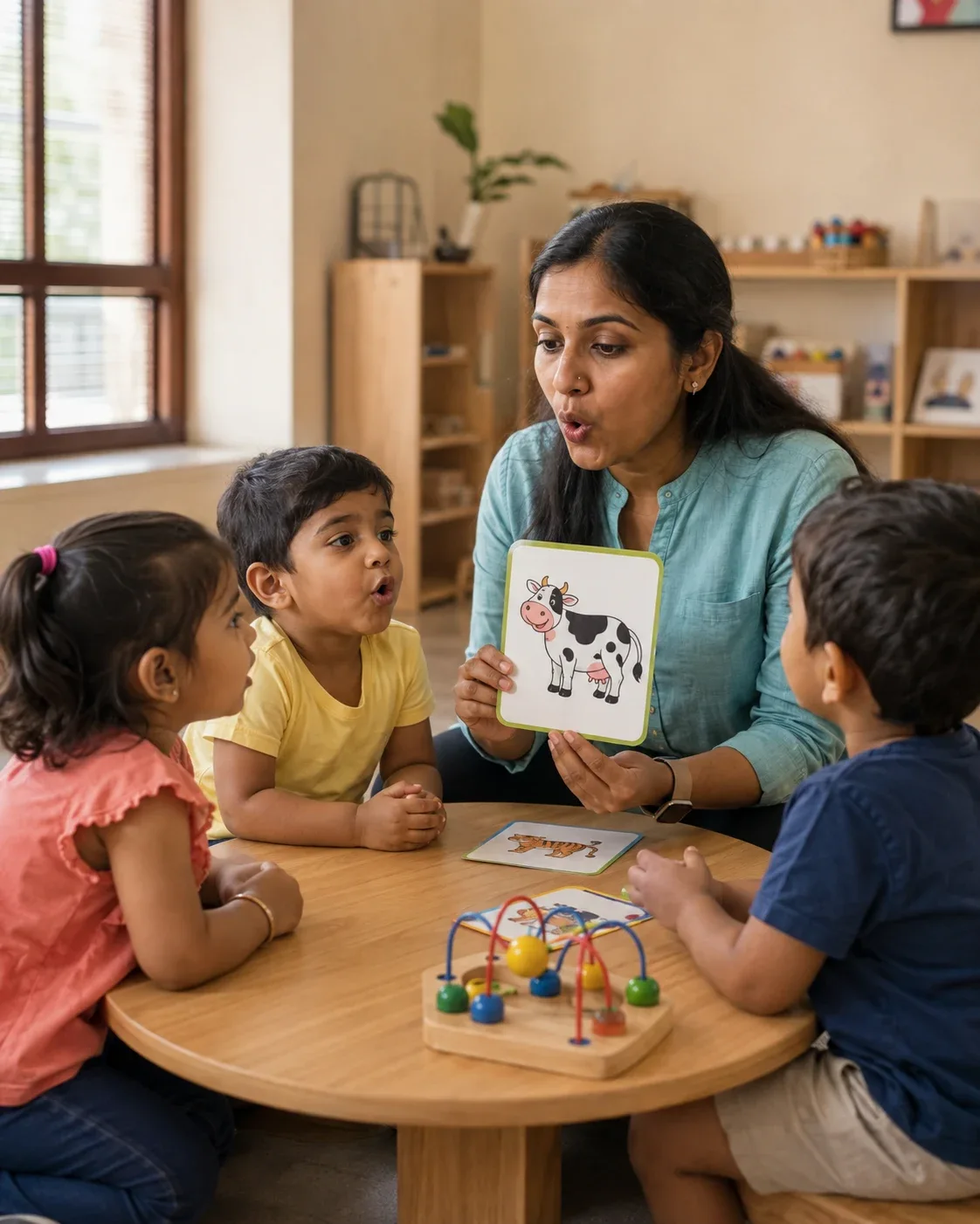 A speech and language professional modelling a sound for a small group of children