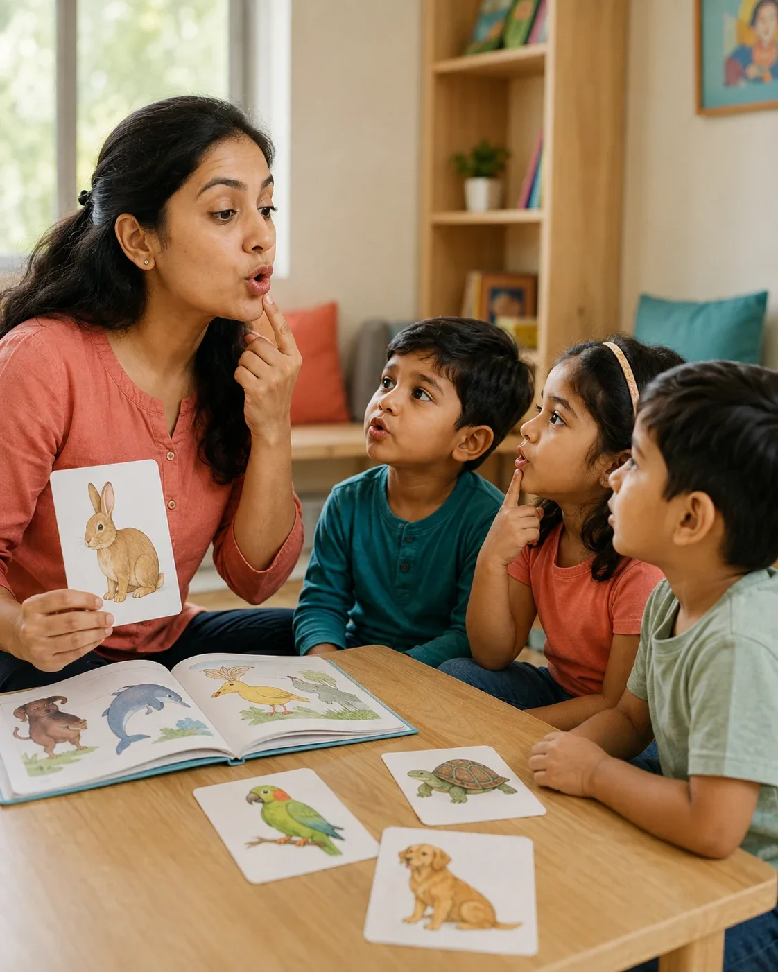 A speech and language professional modelling a sound for a small group of children