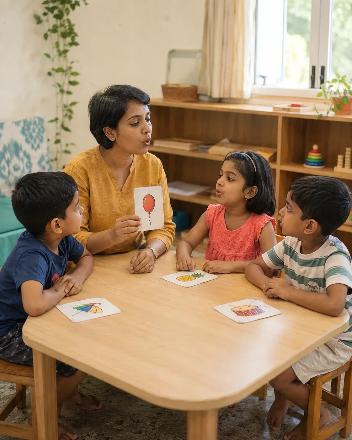 A speech and language professional modelling a sound for a small group of children