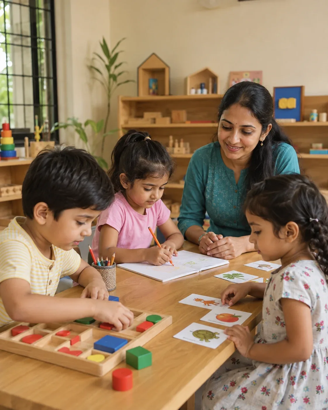 Children completing classroom activities together with an adult nearby