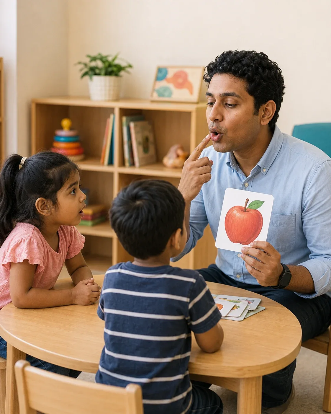 A speech and language professional modelling a sound for a small group of children
