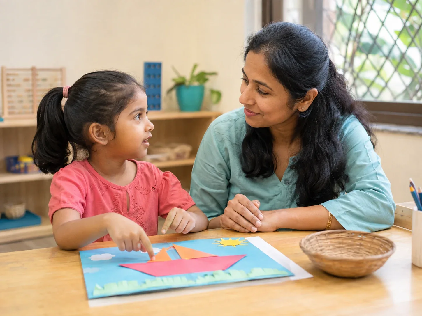 A child communicating with a teacher during a creative classroom activity