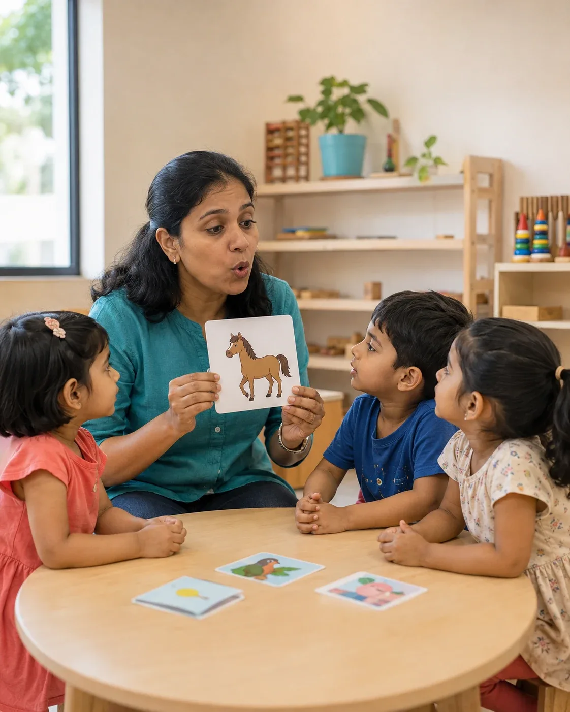 A speech and language professional modelling a sound for a small group of children