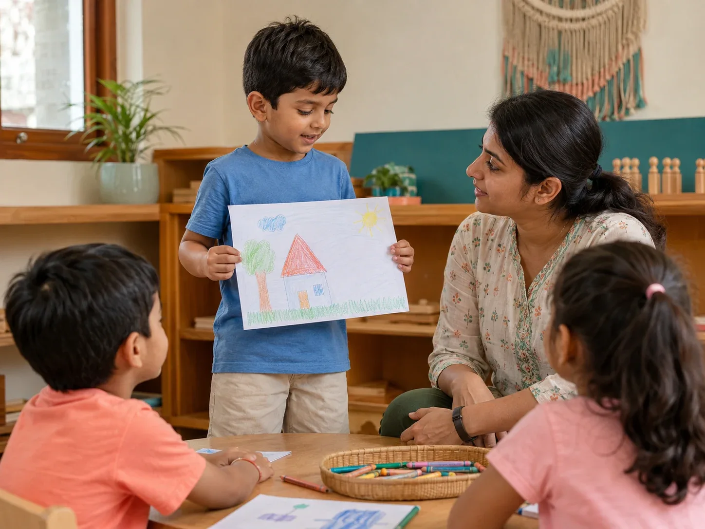 A child presenting his work during a guided classroom activity