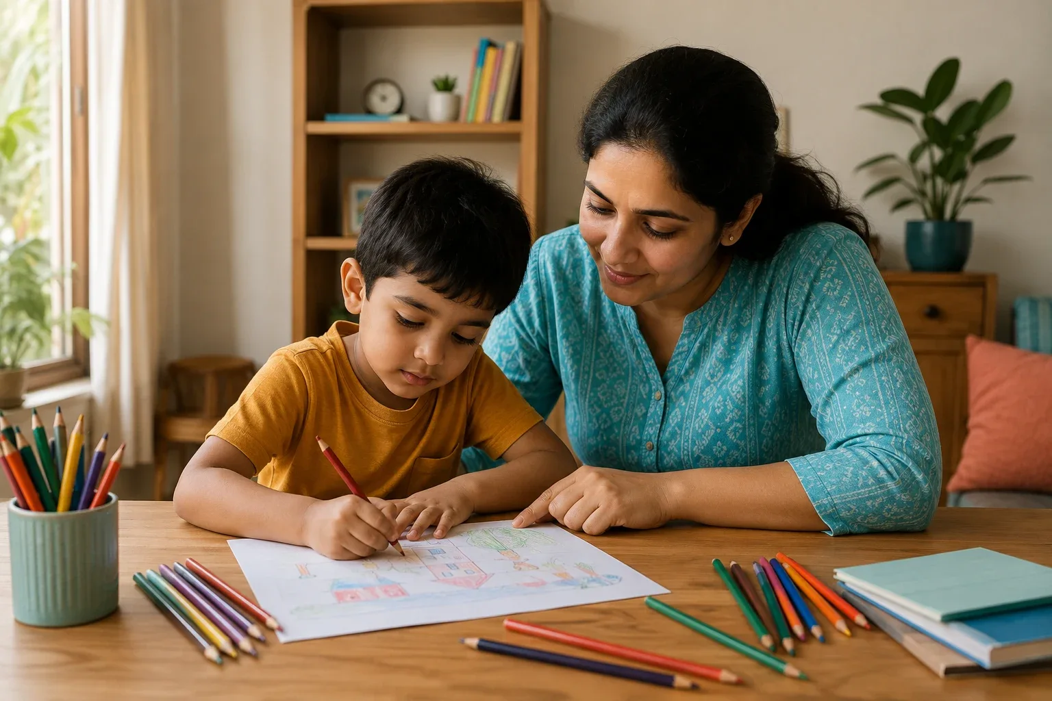 An Indian child working on a learning activity with an adult