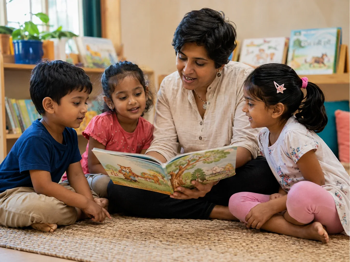 A teacher reading a book with a group of young children