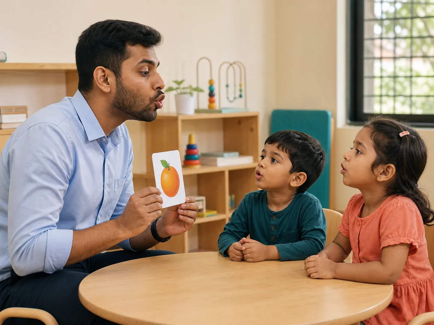 A speech and language professional modelling a sound for a group of children