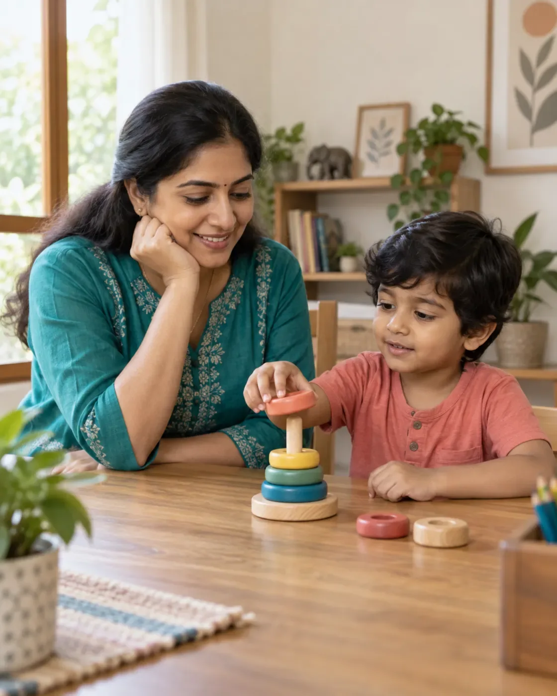 A child taking a turn with a stacking toy beside an attentive adult.