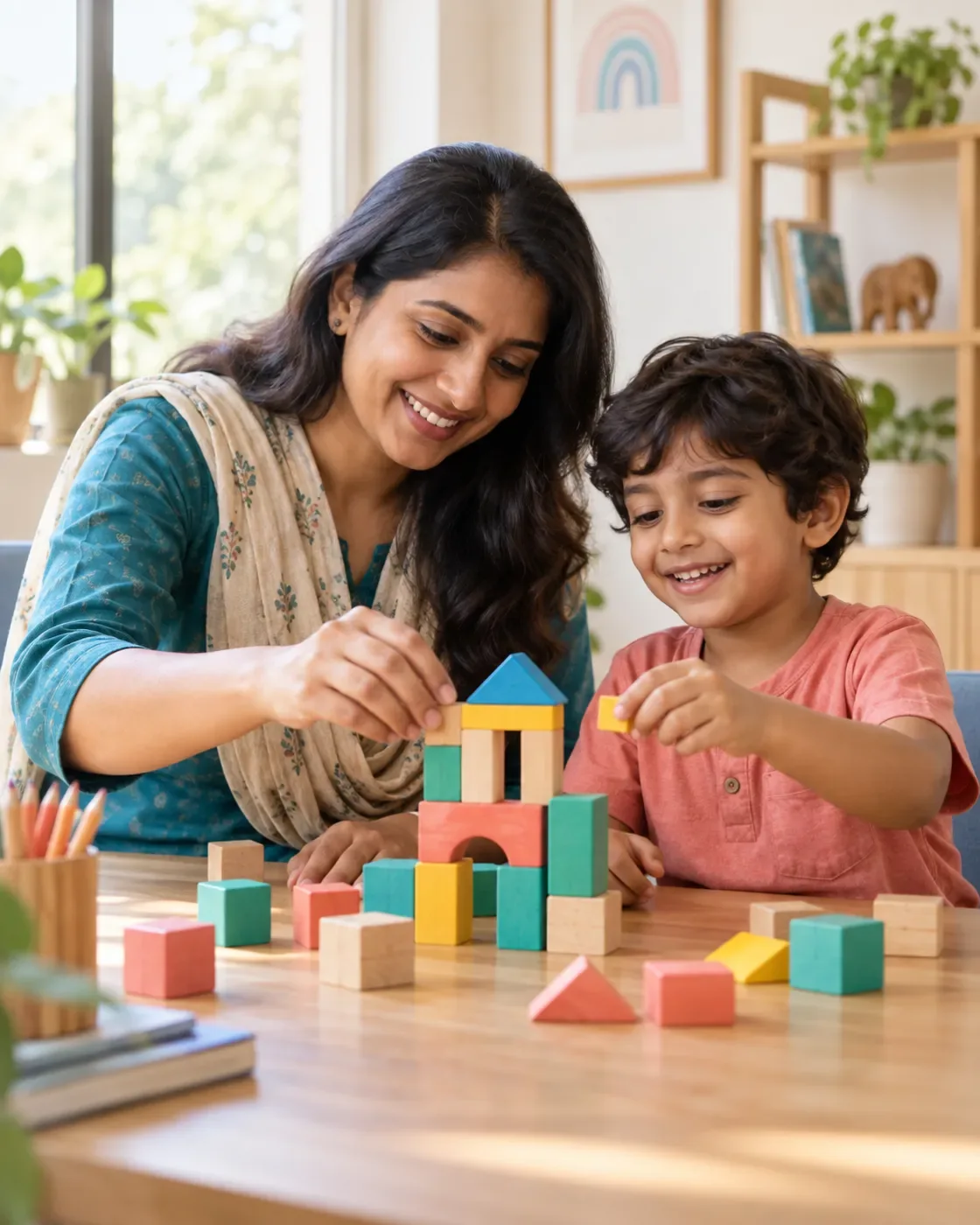 A child and educator working together with building blocks.