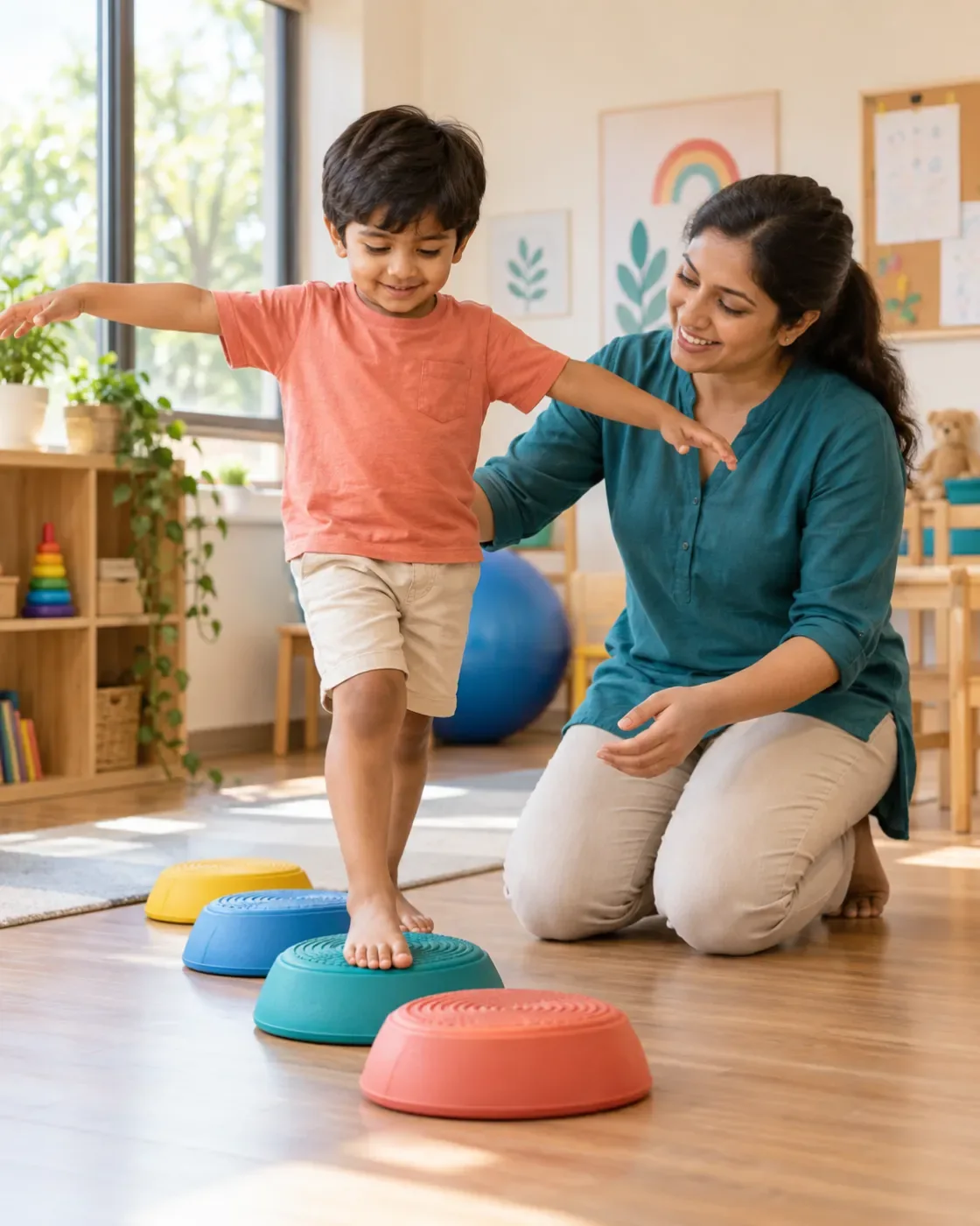 A child practising balance on a low stepping pad with a therapist nearby.