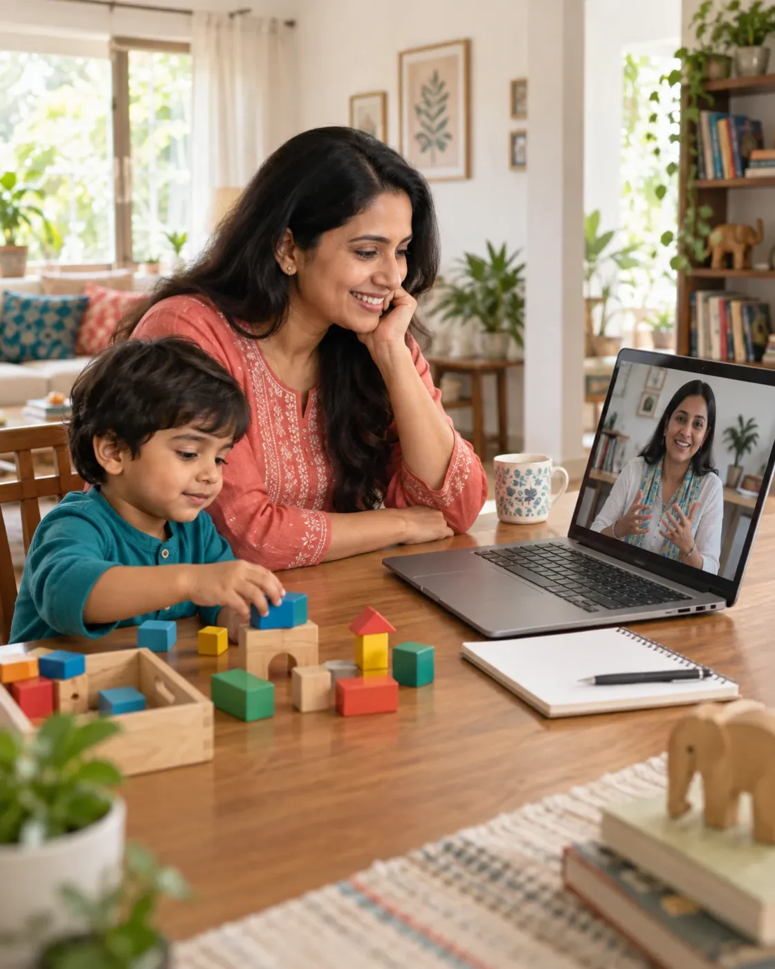 A parent speaking with an educator online while a child plays nearby.