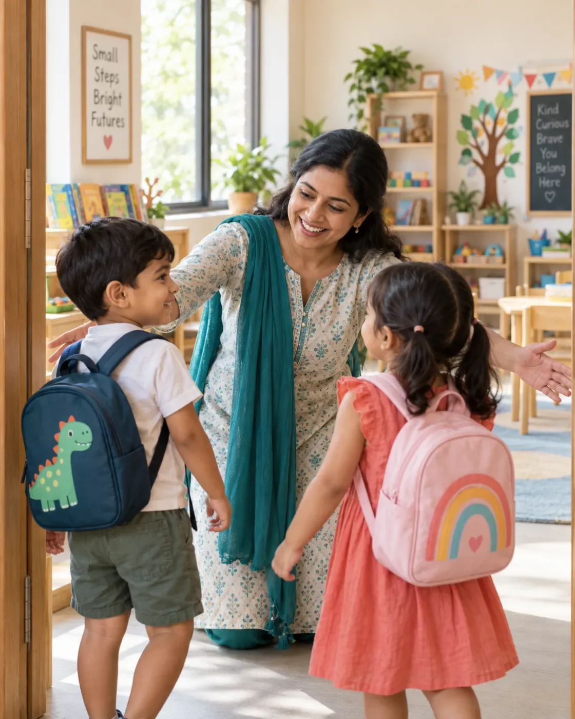 An educator welcoming children with backpacks into a classroom.