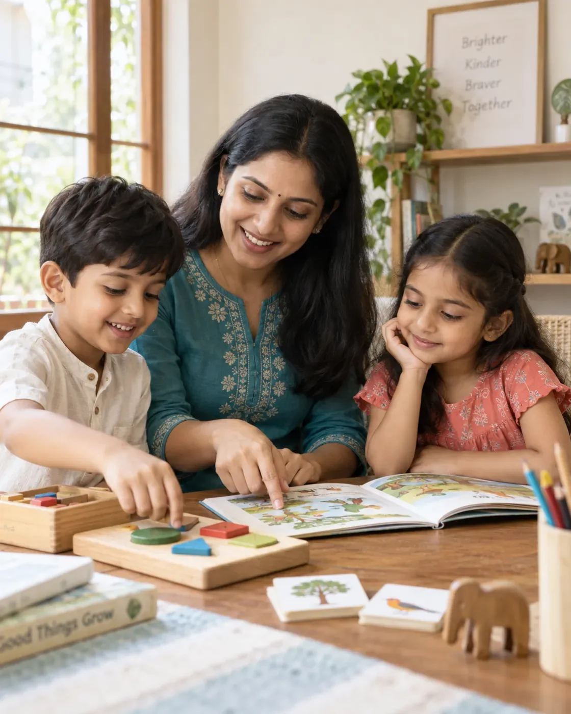 An educator supporting children with books and learning materials.