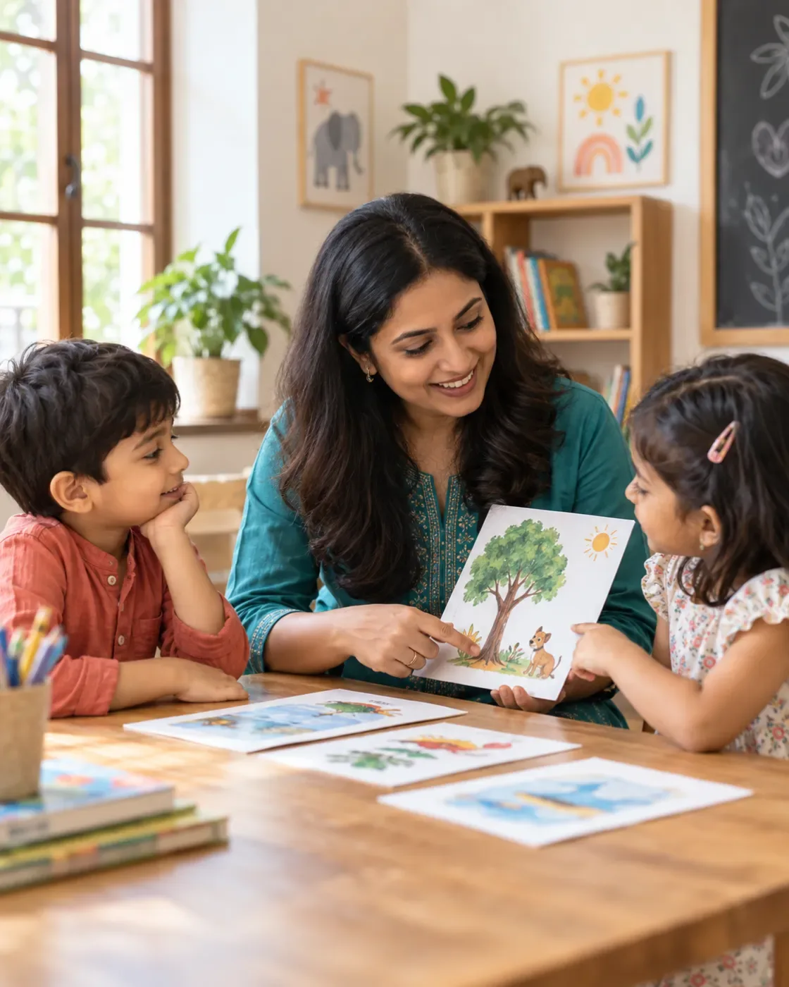 An educator sharing a picture-based conversation with children.