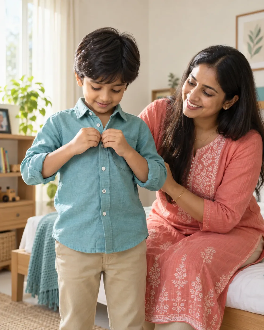 A child practising fastening a shirt with a parent nearby.