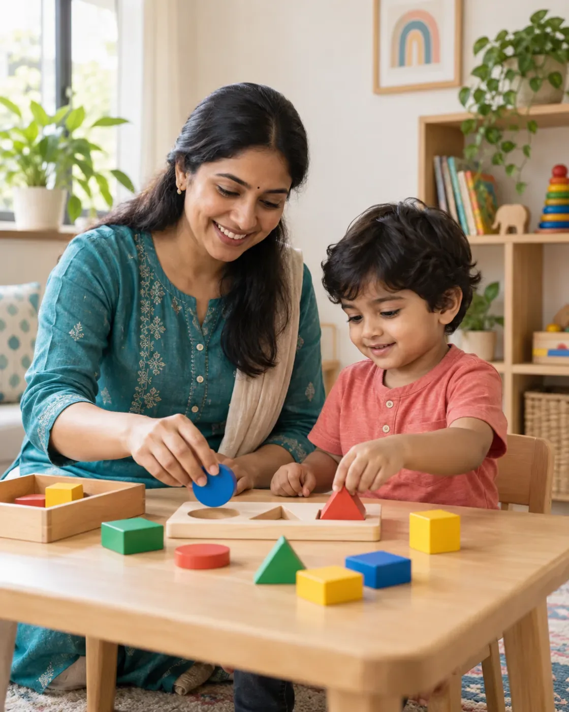 A child sorting colourful wooden shapes with an educator.