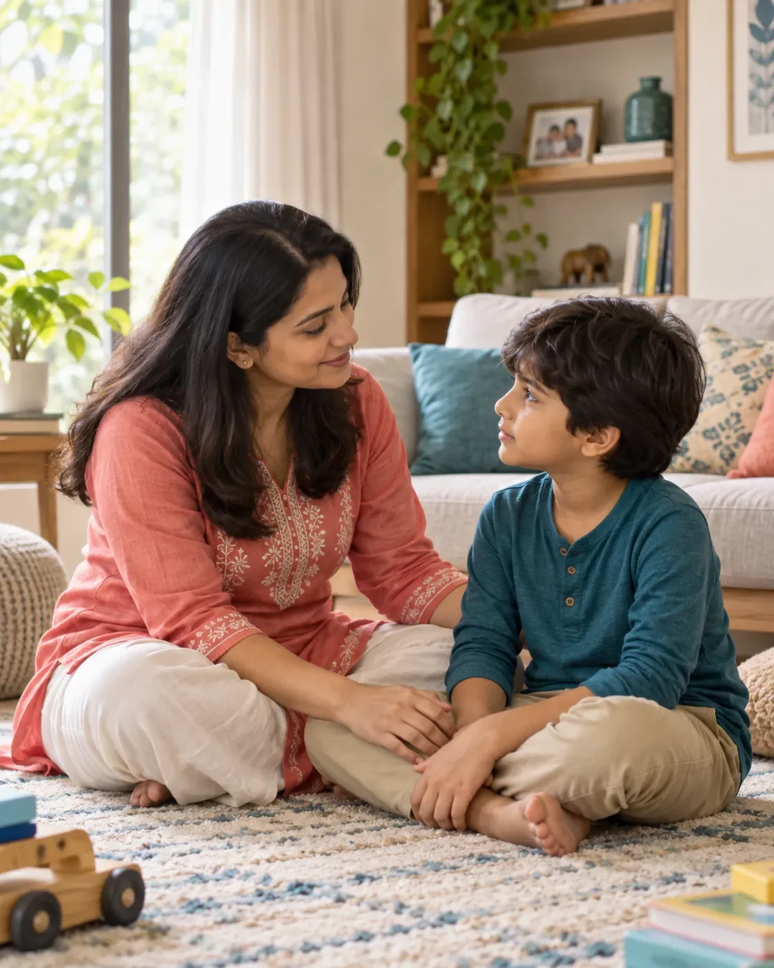 A parent listening calmly to a child while sitting together on a rug.