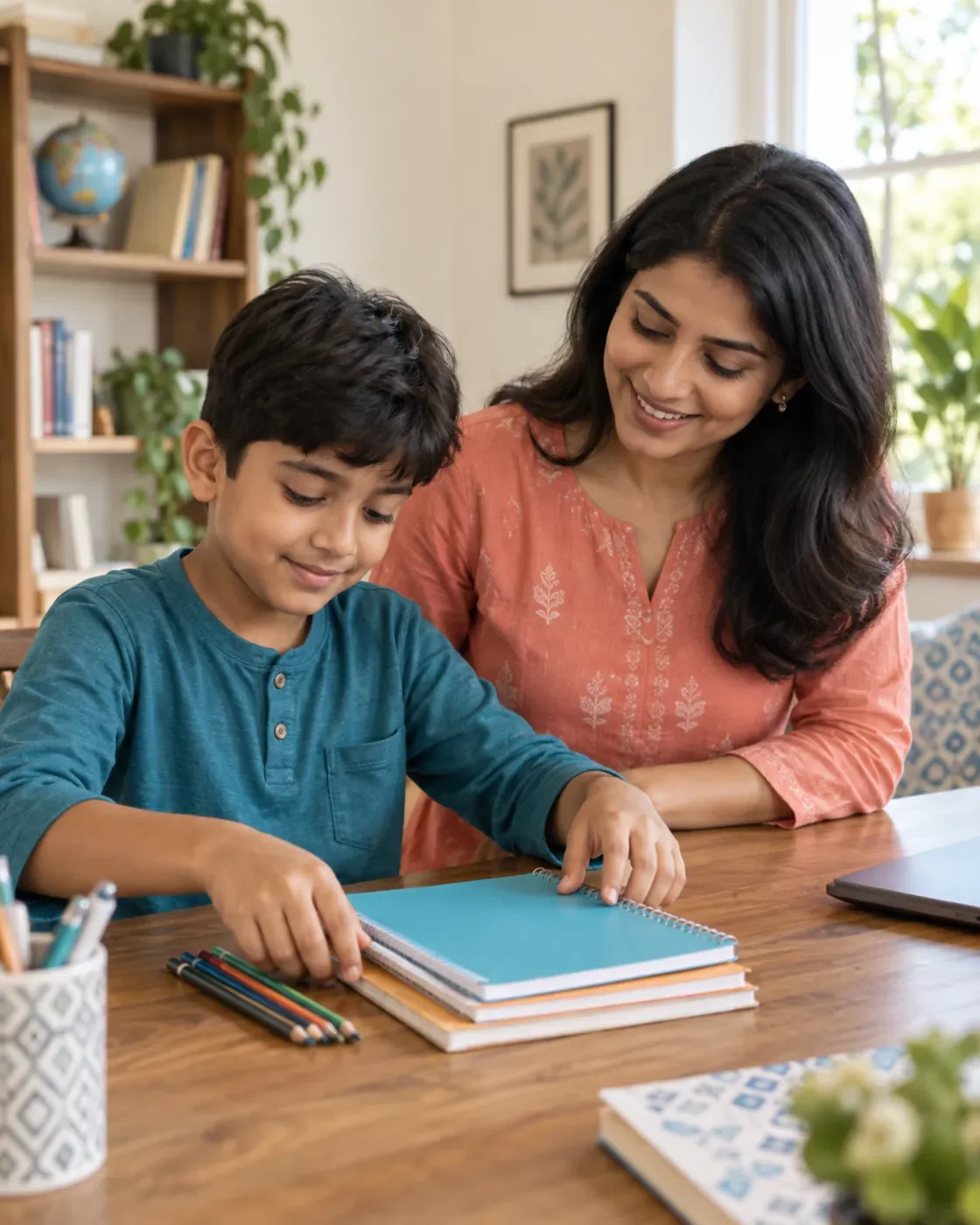 A child arranging notebooks and pencils with an educator.