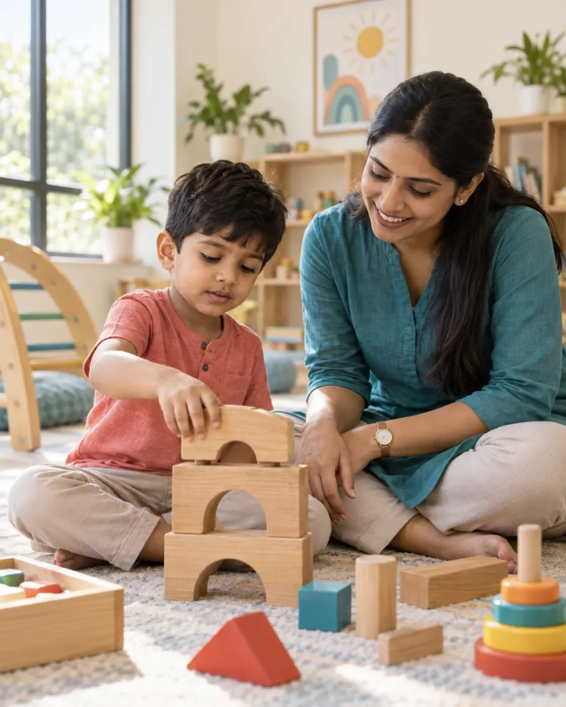 A child building with wooden blocks beside a supportive adult.