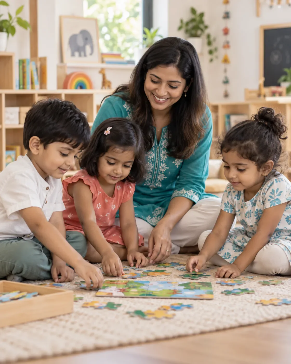 Children working on a floor puzzle together with an educator.