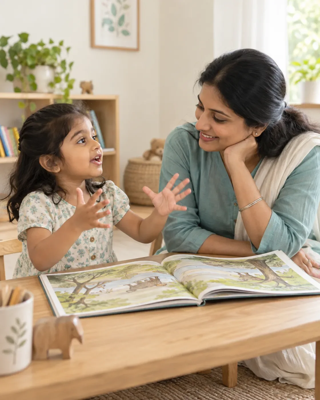 A child telling a story from a picture book while an educator listens.