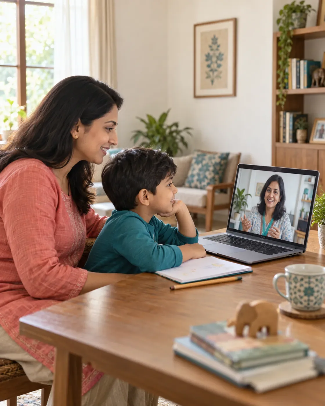 A parent and child taking part in an online guidance conversation.