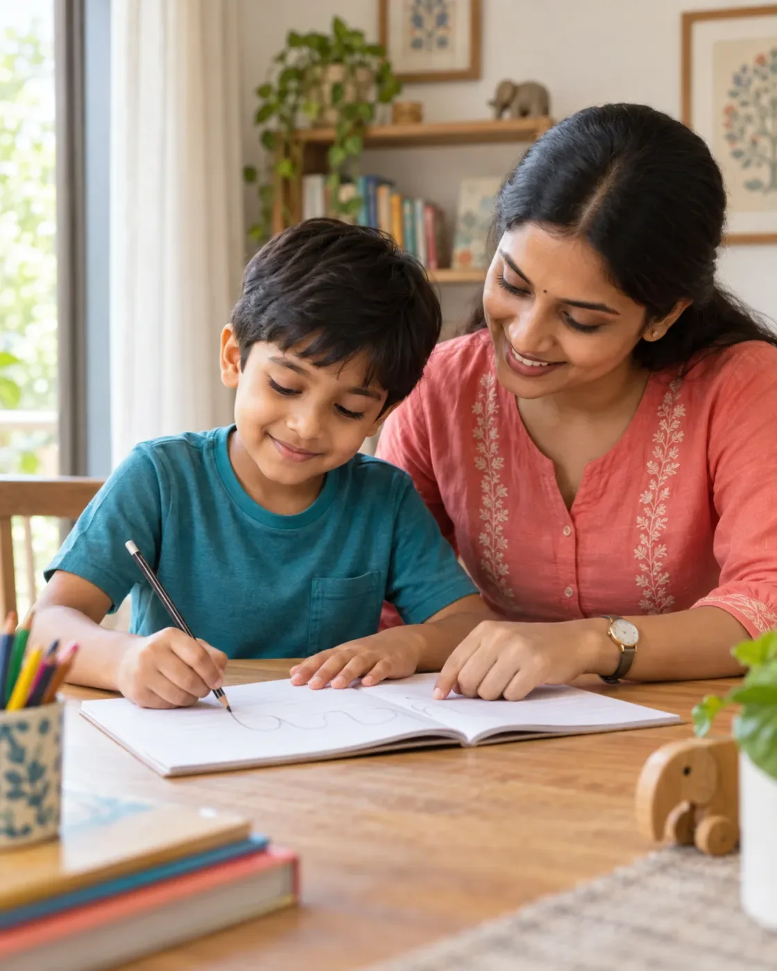 A child practising writing in a notebook with an educator beside them.