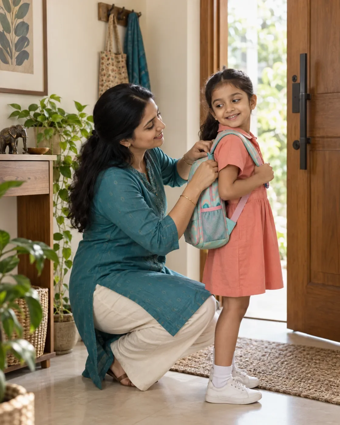 A parent helping a child prepare a backpack at the doorway.