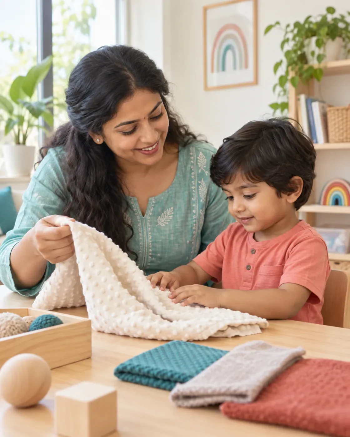 A child and educator exploring textured fabrics at a table.