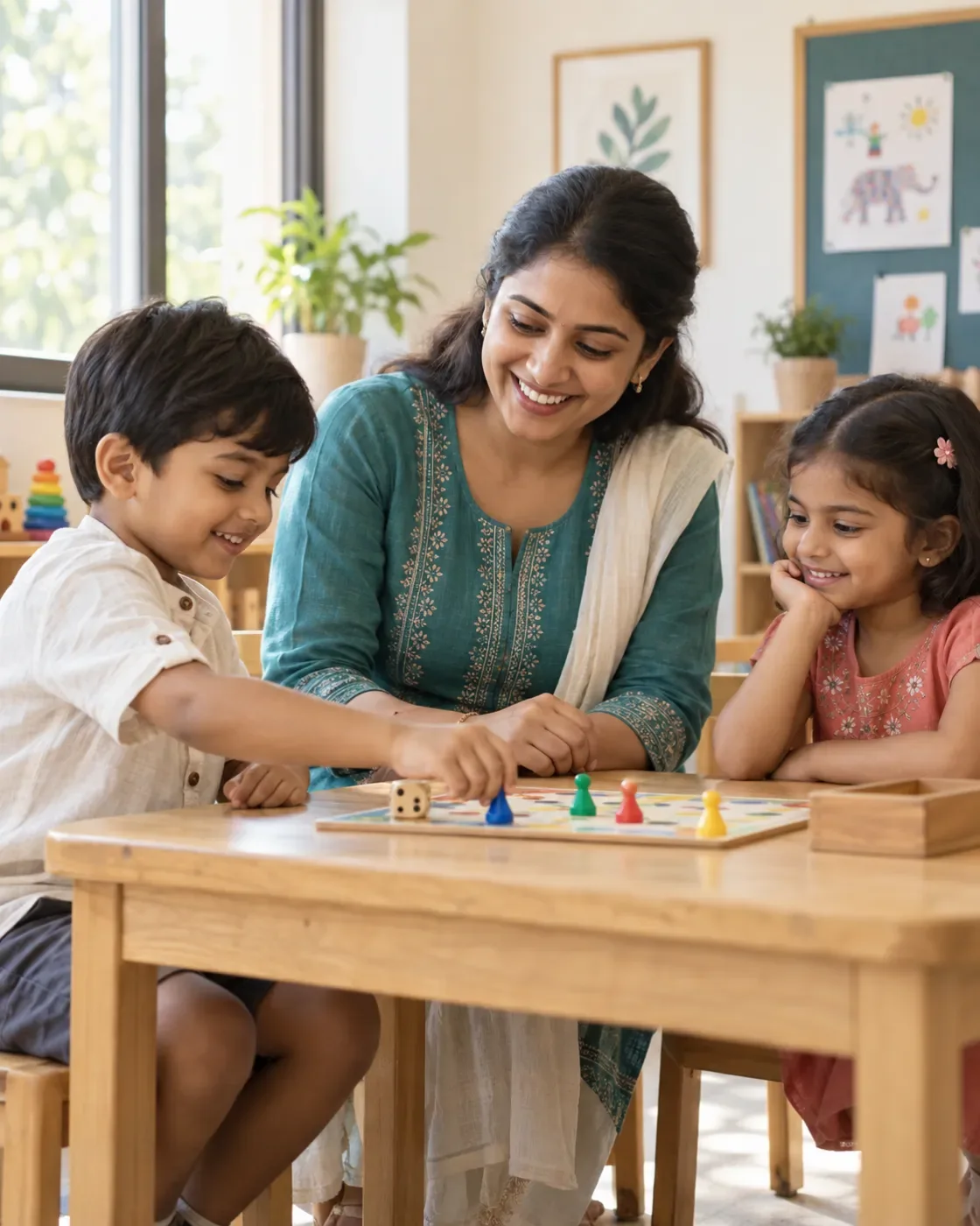Two children playing a turn-taking board game with an educator.