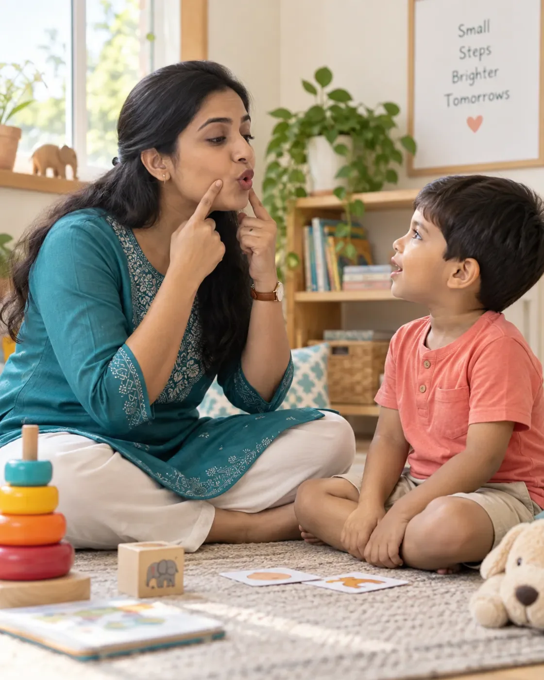 An educator demonstrating a speech sound during a conversation with a child.