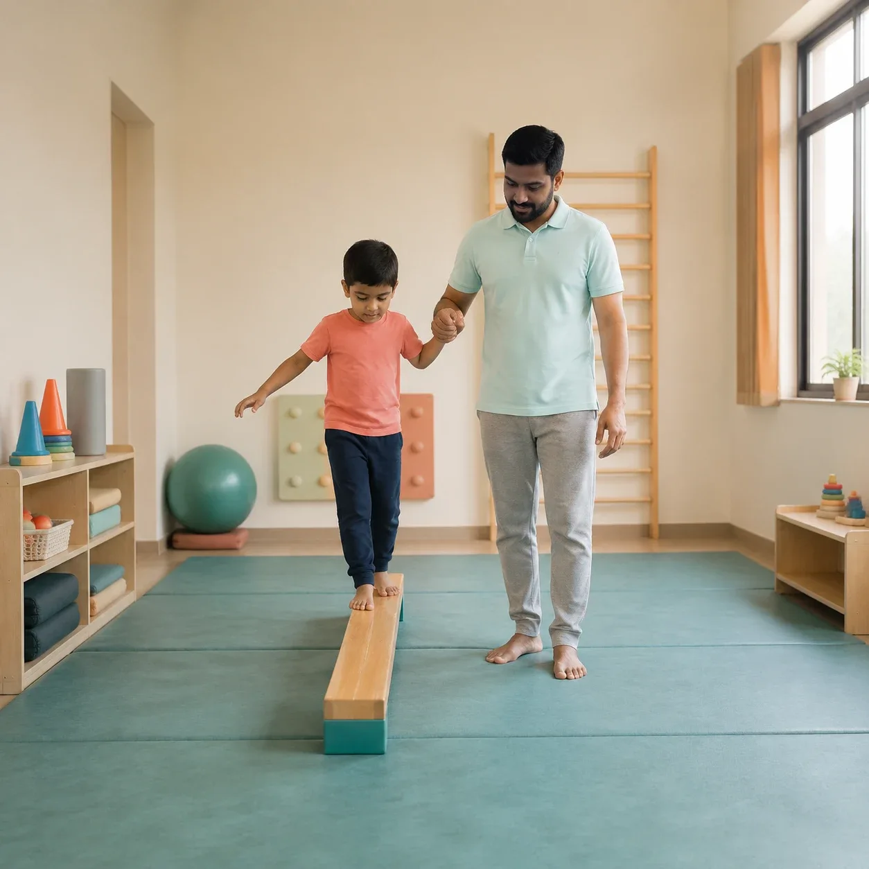 An Indian child practising on a low balance beam with an adult offering support