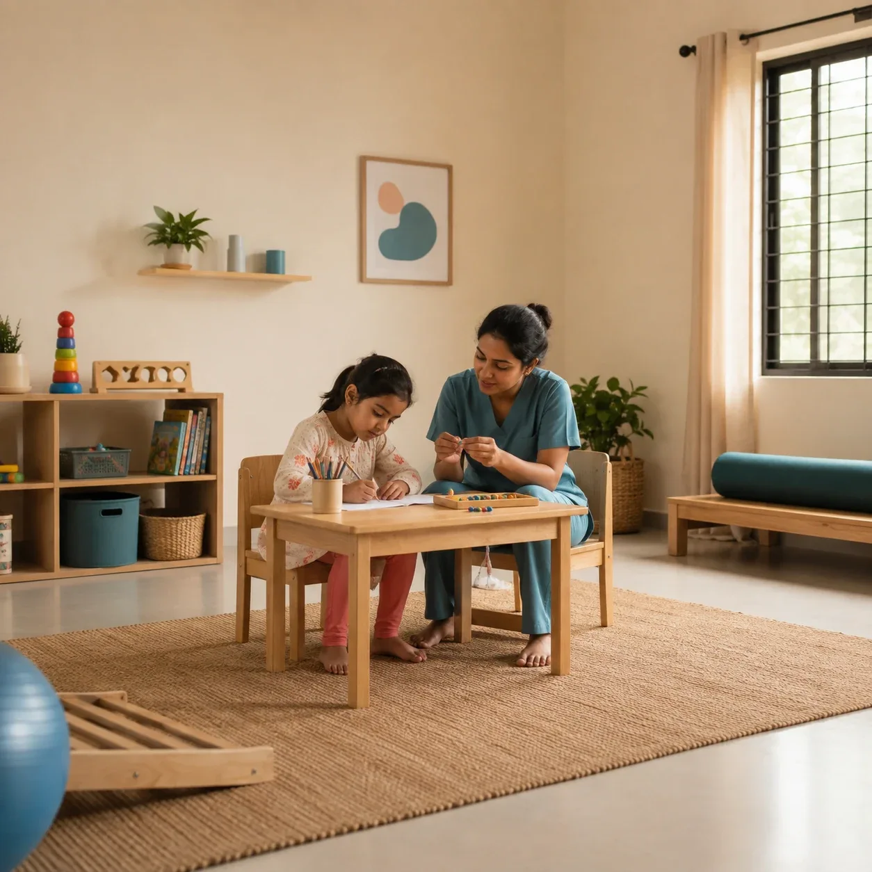 An Indian child practising drawing with a pencil alongside an occupational therapy professional
