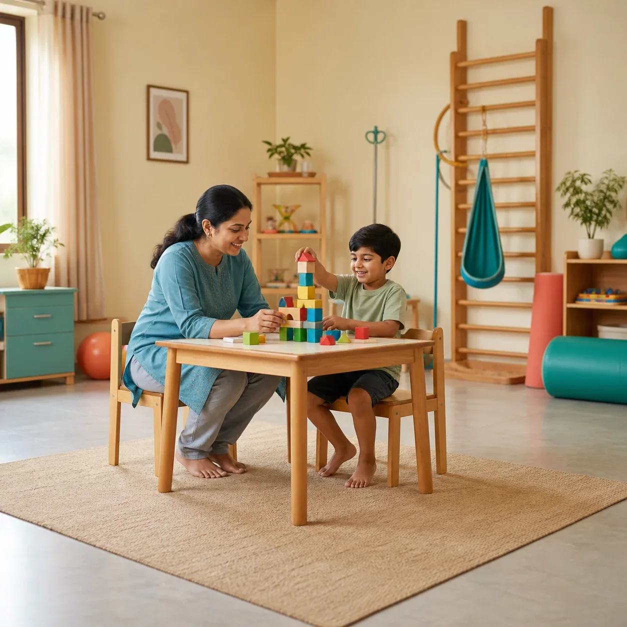 Indian child building with blocks alongside a supportive adult