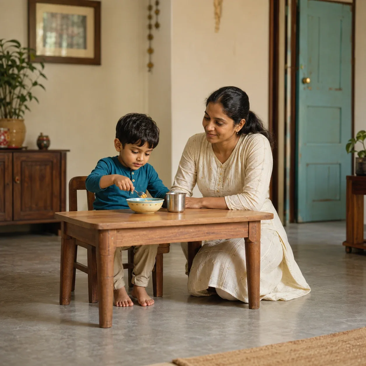 An Indian child practising using a spoon at mealtime with a parent nearby