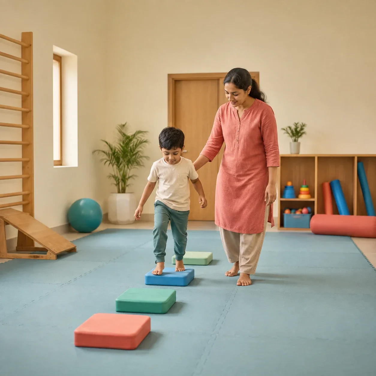 An Indian child stepping across low foam pads with an adult beside them