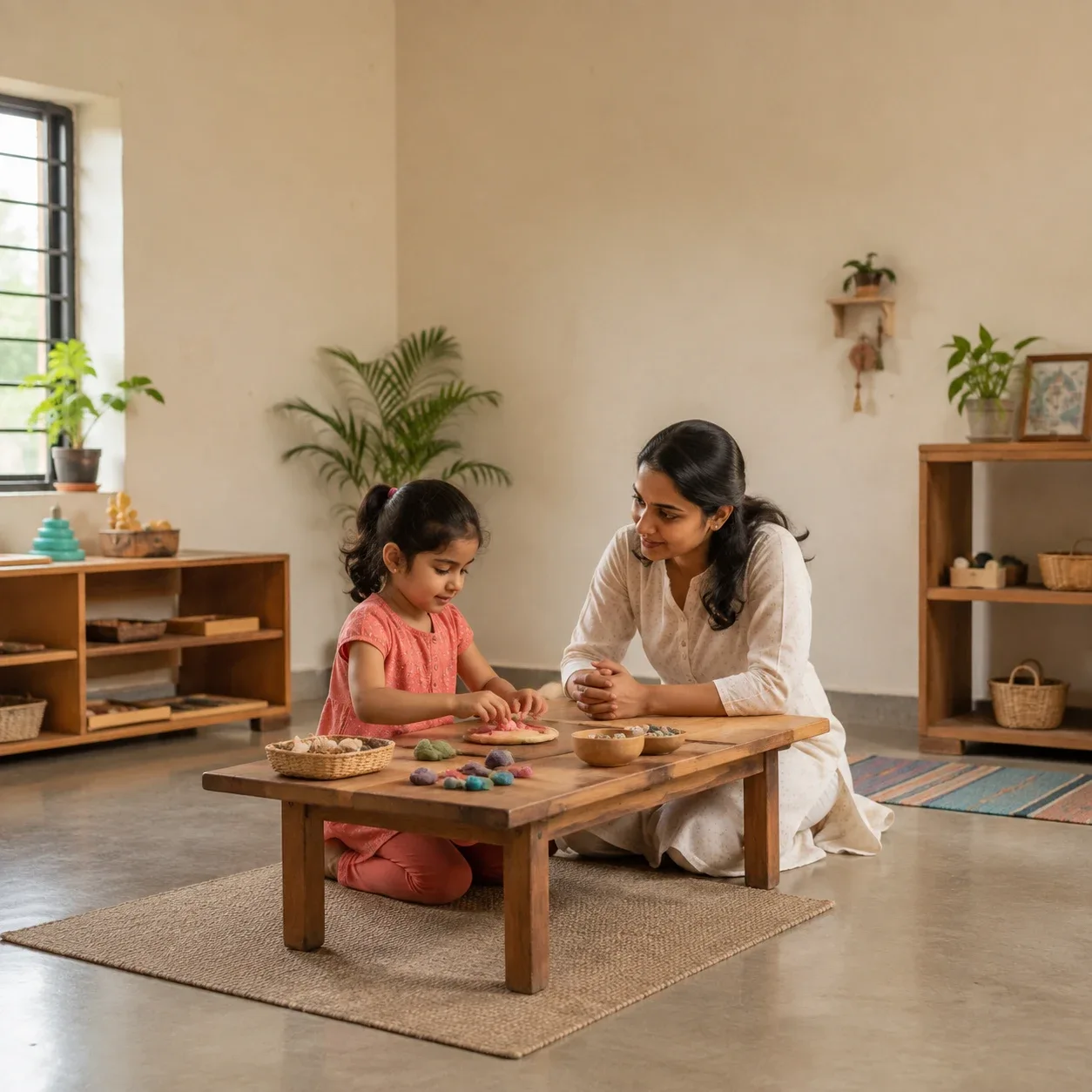 An Indian child exploring clay and textures with an adult