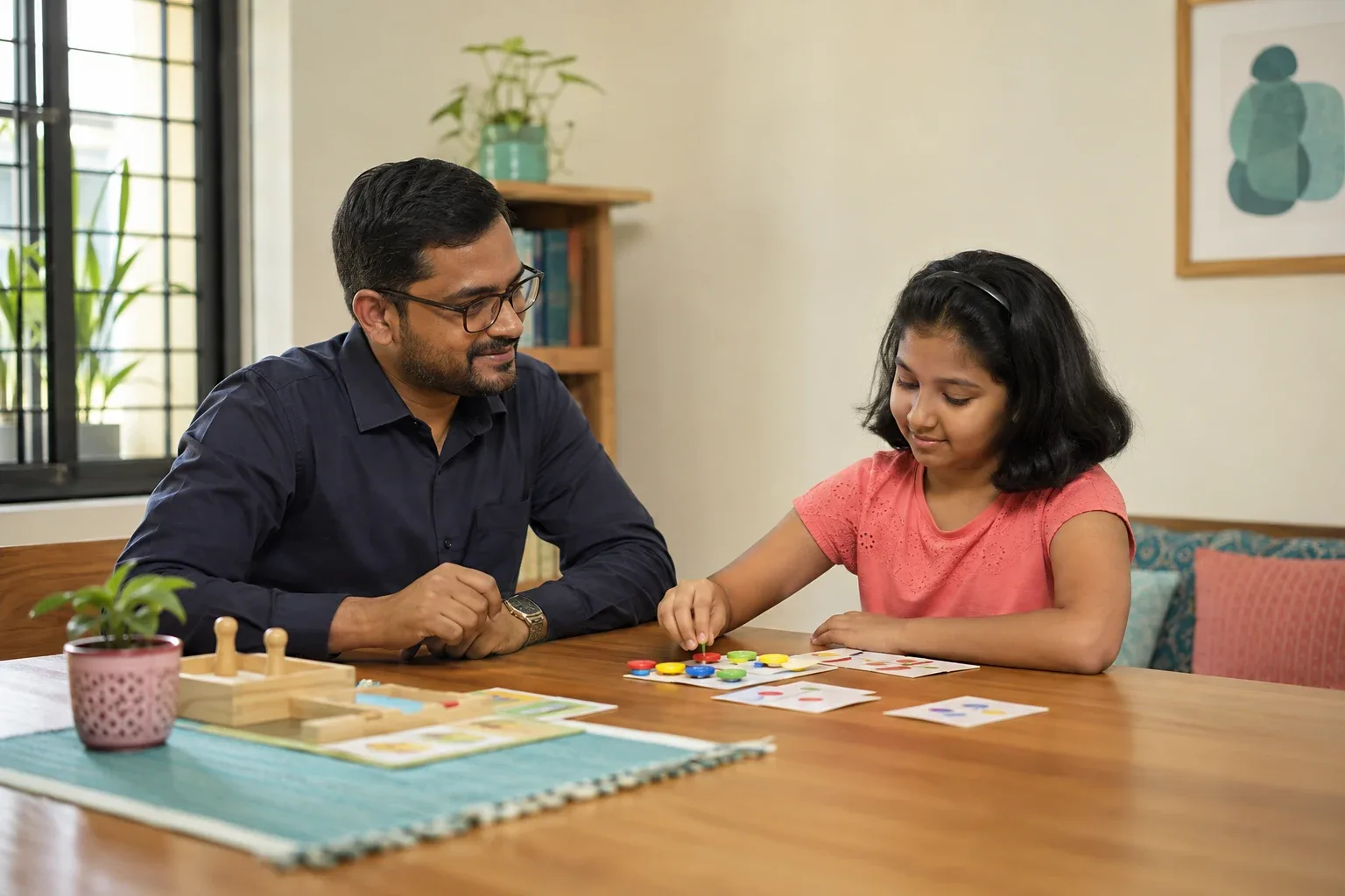 An Indian child completing a tabletop sorting activity with a professional