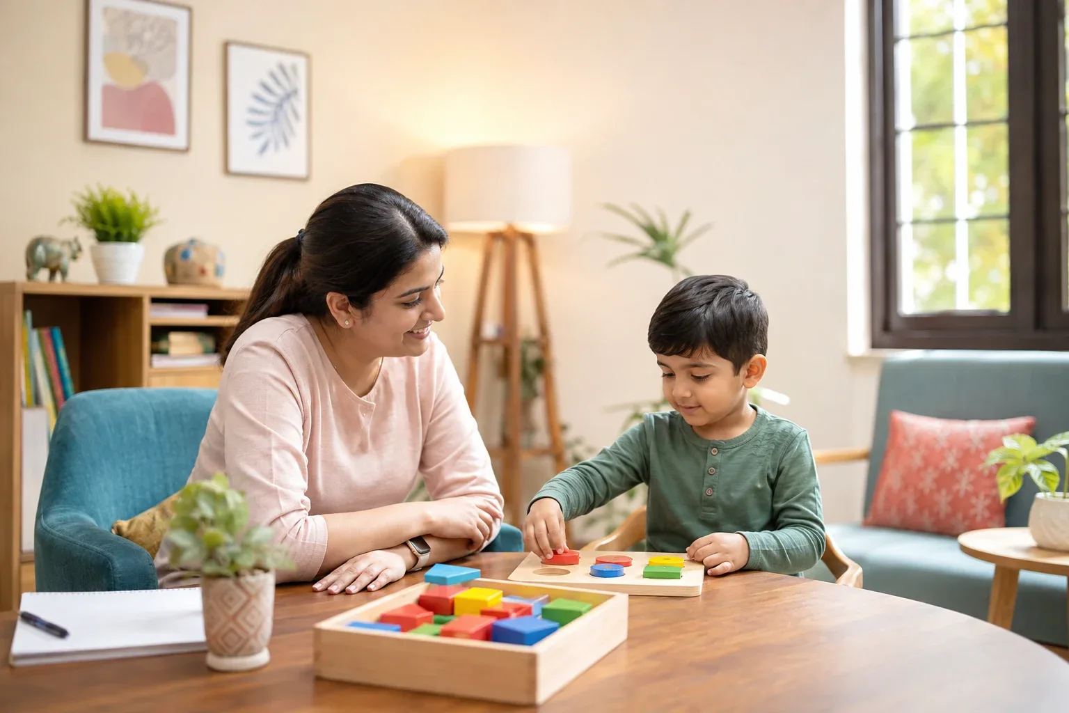 An Indian child and professional exploring wooden shapes during a play-based observation