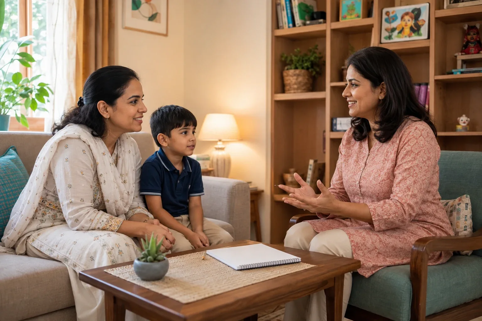 An Indian parent and professional discussing observations in a consultation