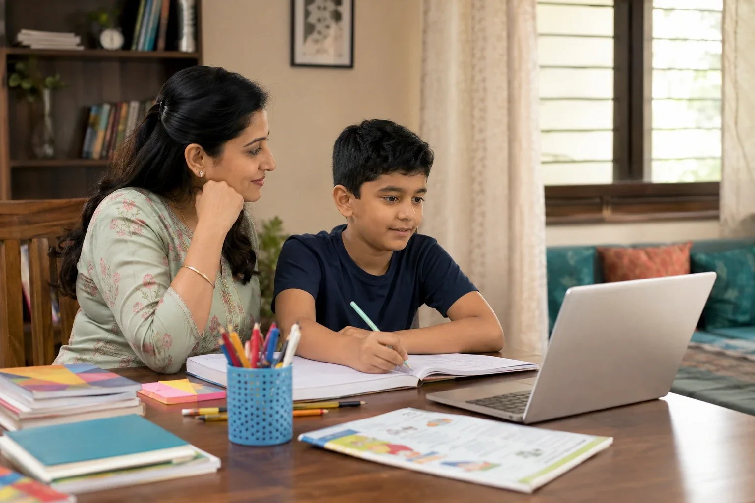 An Indian child using a laptop and learning materials with a parent nearby